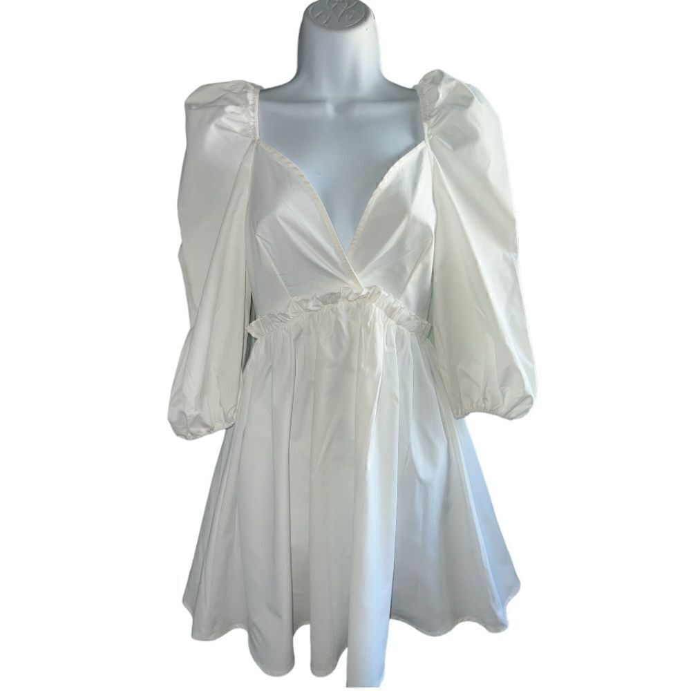 DOUBLE CRAZY Poplin Mini Dress White Puff Sleeve Size XS.